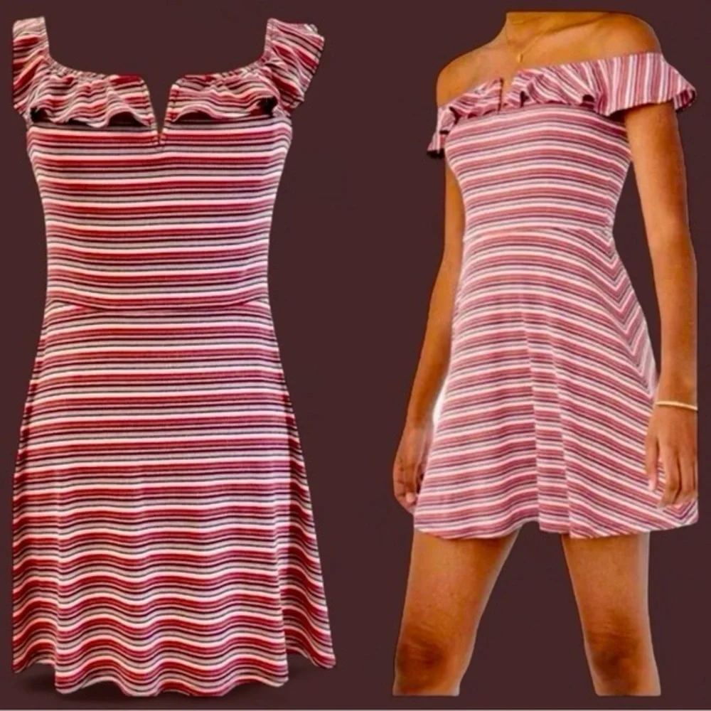 AEROPOSTALE Striped V-Wire Off-The-Shoulder Fit & Flare Mini Dress Size Small - Picture 1 of 12